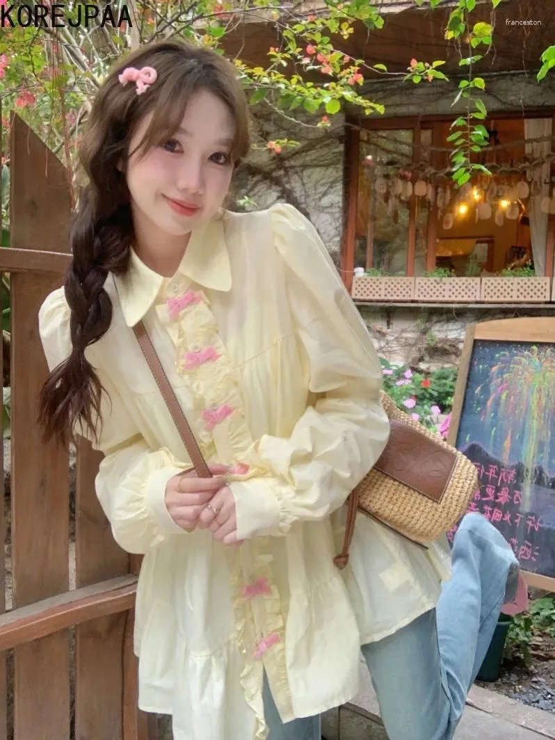 Kadınlar bluzlar Korejpaa nazik kadınlar gömlek zarif tatlı yay tek göğüslü gömlekler Kore moda dönüşü aşağı yakalı uzun kollu üst camisa