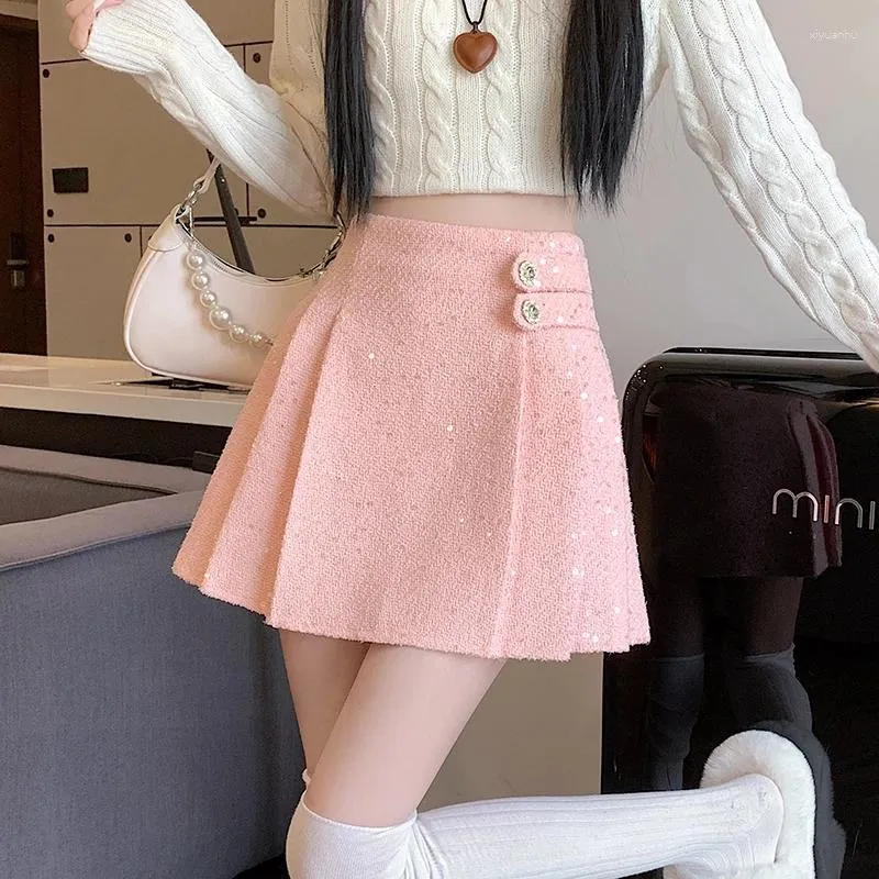 Skirts Fashion Korean Mini Skirt Y2K Streetwear High Waist Sequined Tweed Pleated Women School Girl A-Line Skater Jupe Femme