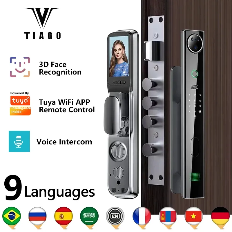 Blocca 3D Face Realtime Intercom Tuya WiFi Smart Door Lock Security Camera Intelligent Fingerprint Blocco della password elettronica biometrica