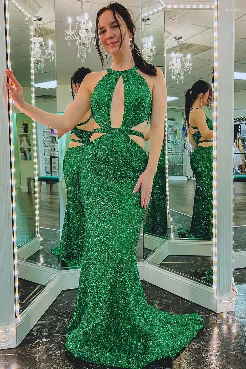 Party Dresses Sexy Long Green Mermaid Evening Sequined Halter Sweep Train Prom Dress Cocktail Gowns For Women