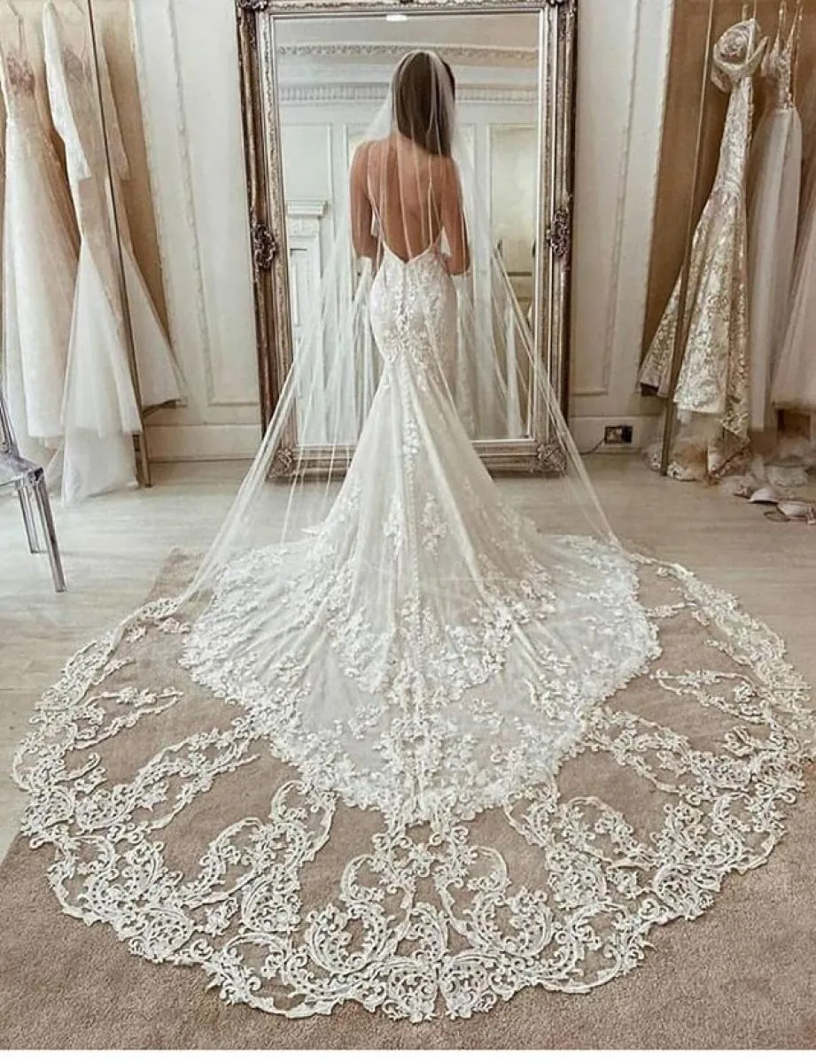 3m de long voile en dentelle appliquée longueur de cathédrale appliquée blanc ivoire voile de mariage veille cheveux nuptiaux avec peigne nouvelle arrivée9514922