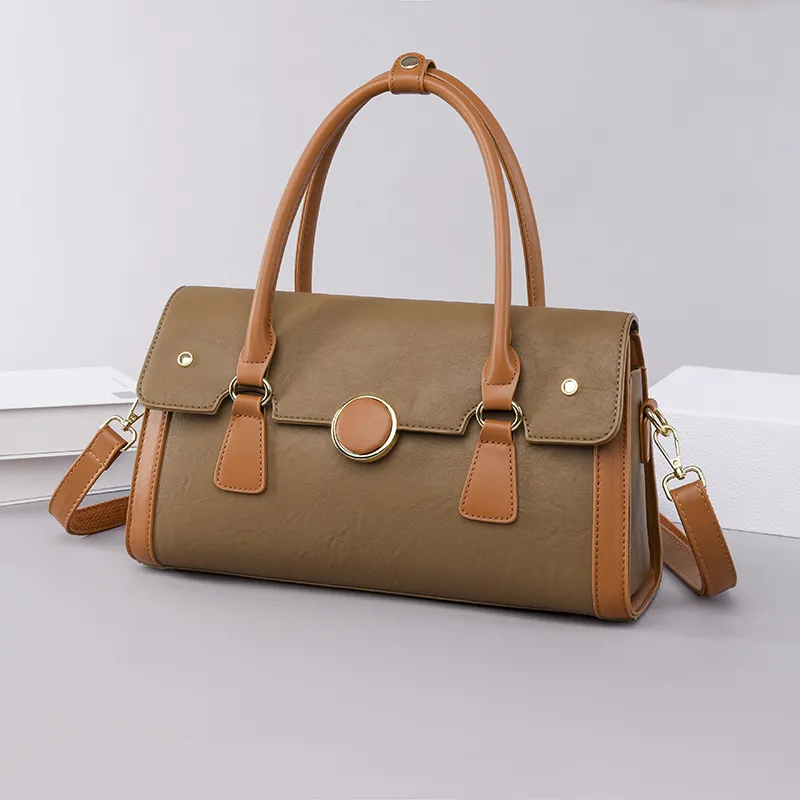 Elegant Single-Handle Lady's Handbag with Contrast Colors - Large Capacity Boston-Style Commuter Shoulder Crossbody Bag