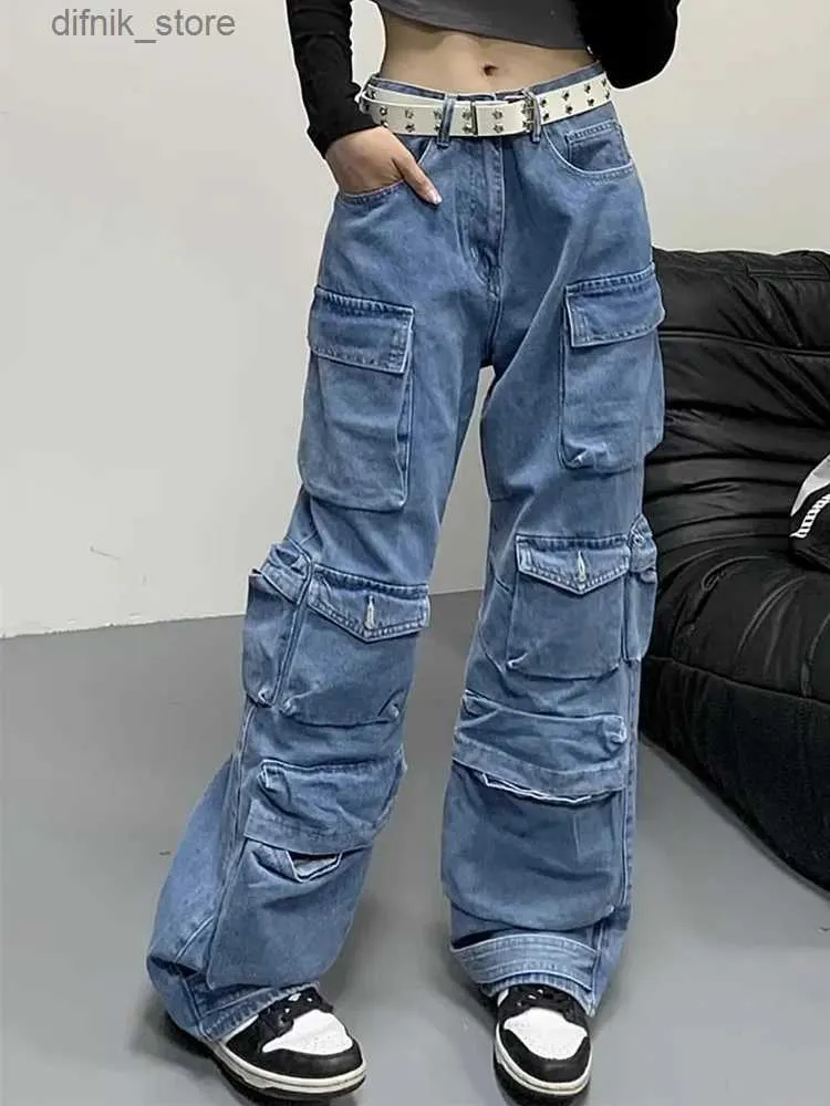 Dames jeans 2000s kleding y2k strtwear gewassen blauwe baggy lading jeans broek voor vrouwen multi -zakken rechte hiphop brede been dame broek y240408