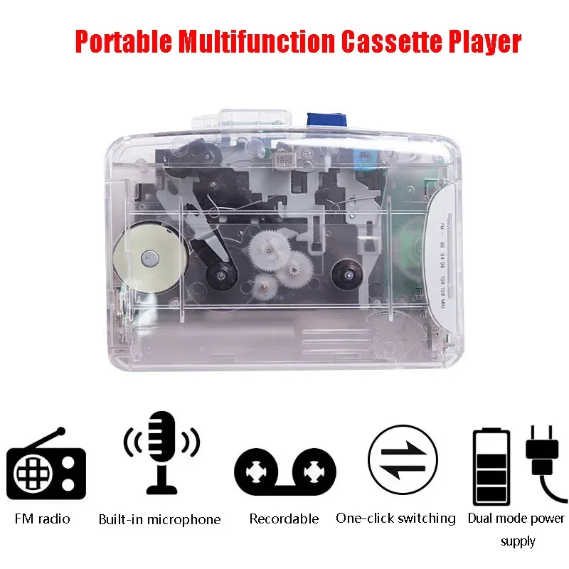 Radio Portable Cassette Player Color Transparent Casing Retro Cassette Player Fashion Radio stöder dubbla strömförsörjning HD -inspelning