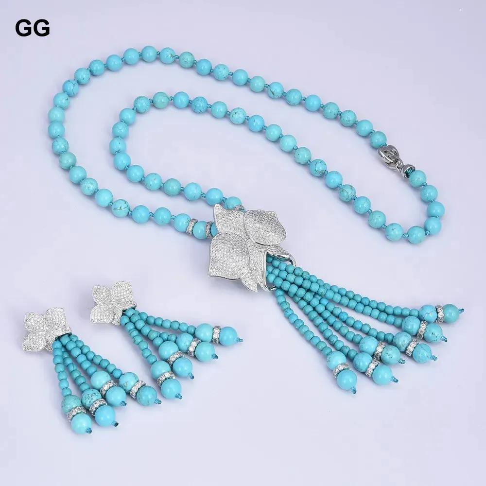 Bijoux GG 25 Blue Turquoise Stone Cubic Zirconia Pave Fleur Fleur Pentelle Collier Boucles d'oreilles Bracelet Ensembles pour femmes 240401