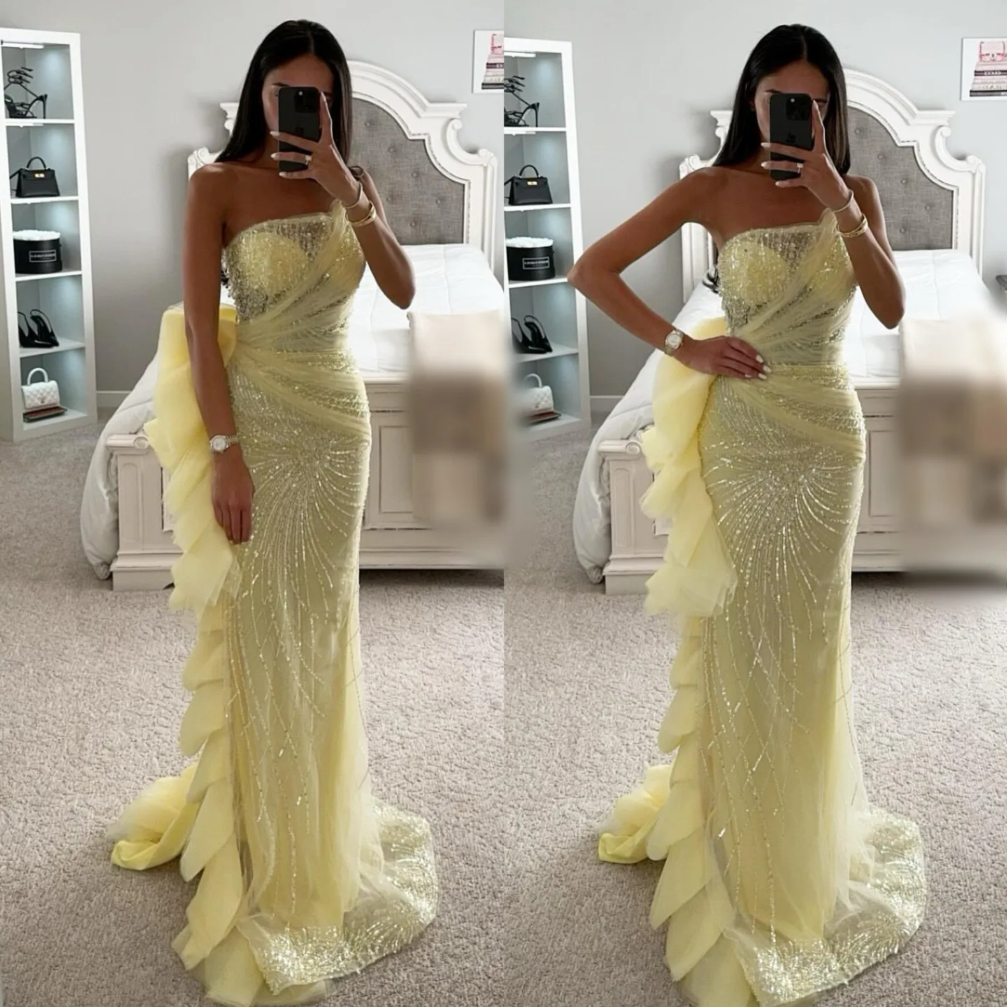 Verbluffende gele zeemeermin prom -jurk kristal strapless avondjurken elegante zij ruches formele jurken voor vrouwen