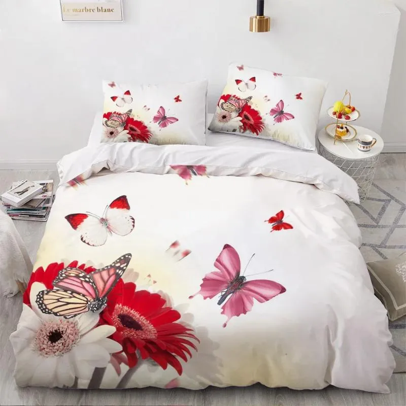 Set di biancheria da letto 3d semplici farfalle rosse letti bianca trapunta bianca doppia king size 203x230cm copripiumino set di copertura tessile