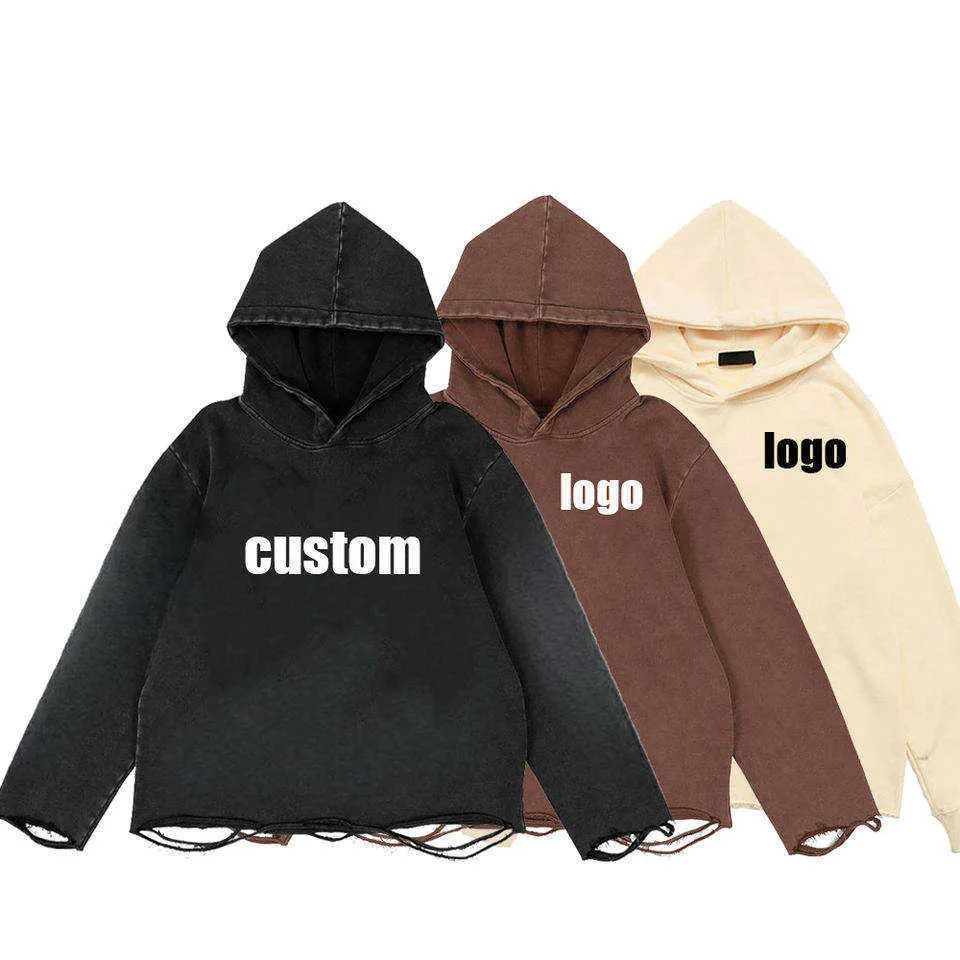 2023 Fashion Streetwear Cut Edge Distressed Wholesale Hoodies Custom Design Acid Washed Raw Hoodie