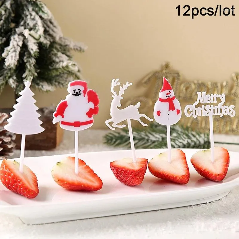 Bakgereedschap 12 stks/set Merry Christmas Series Fruit Vork Plastic Mini Cartoon Kids Cake Tentpick Bento Lunch Party Decoratie