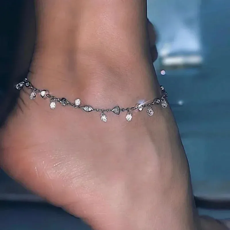 Slyely Fashion Real 925 Sterling Silver Shiny Waterdrop Crystal Anklet Women High Quality Ankel Chain Leg Armband Foot Jewelry 240408