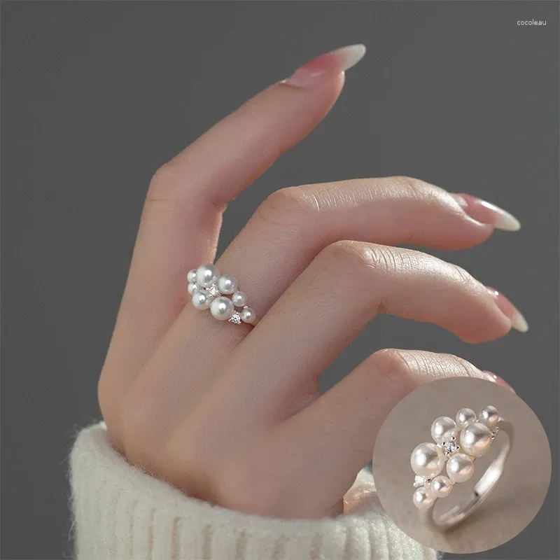 Anillos de racimo 925 Anillo geométrico de perla de plata esterlina para mujeres niña simple hoja de diseño
