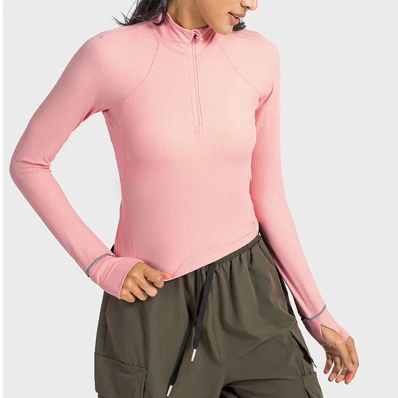 Gratis verzending verticale geribbelde stof 2.0 hoge elastische reflecterende strip sportjas dames korte halve zip yoga lange mouwen shirts gym slijtage tops