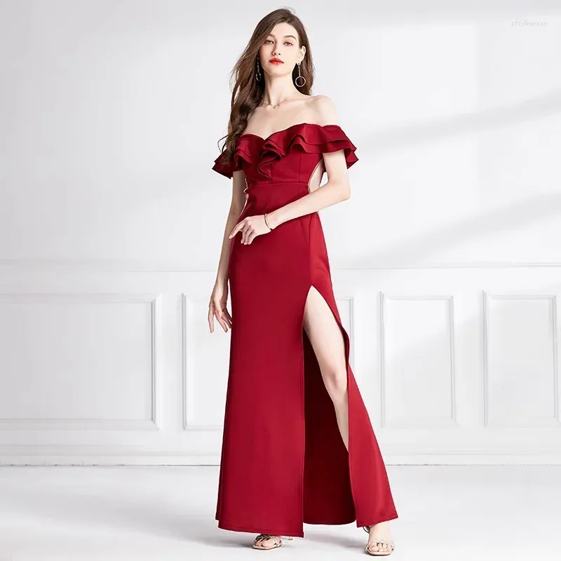 Casual Dresses Elegant Women Sexy Slash Neck Red Split Evening Long Dress 2024 Spring Ruffles Sleeveless Hollow Out Waist Bodycon Party Robe