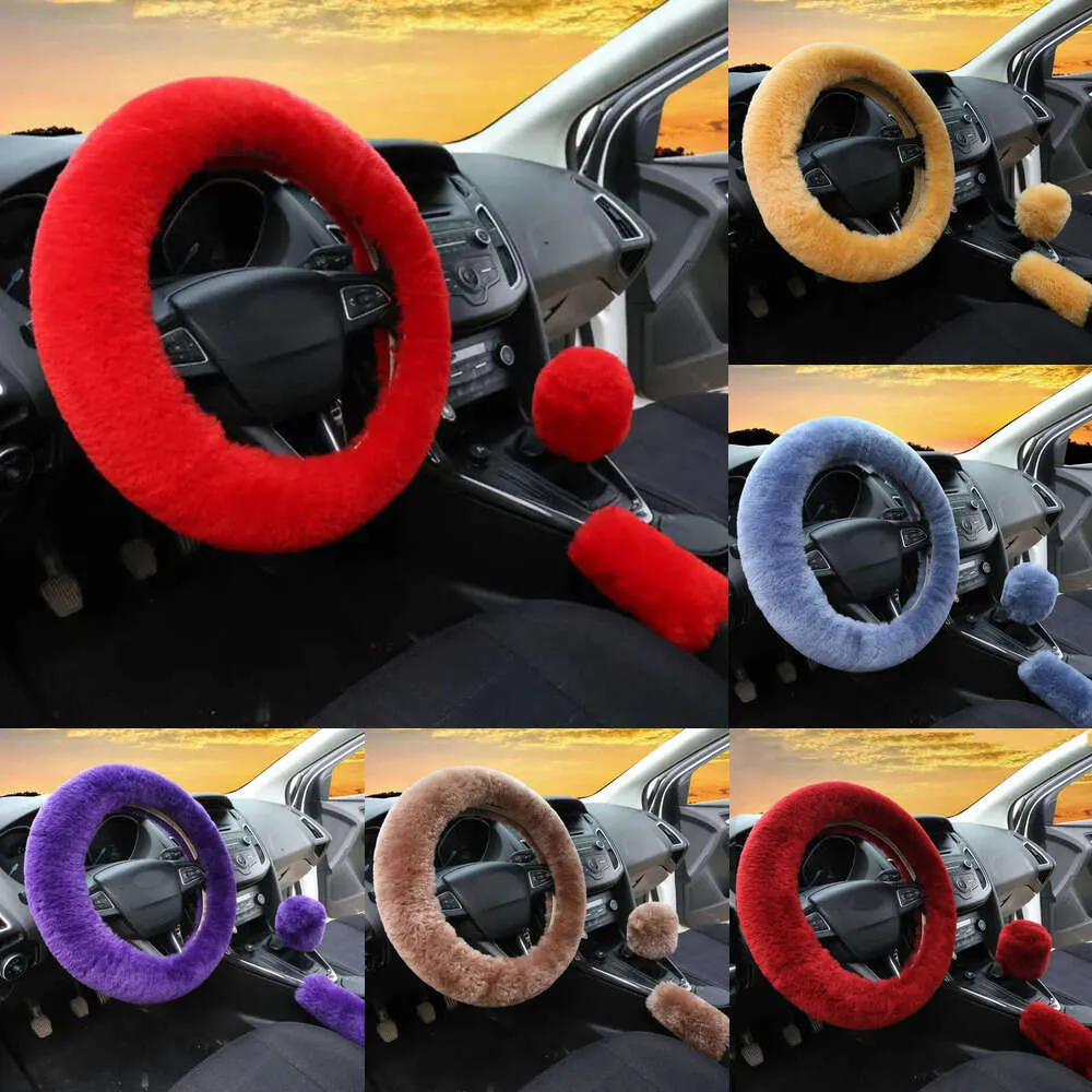 New 3pcs Fluffy Plush Steering Wheel Set Soft Imitation Rabbit Fur Handbrake Gear Shift Cover Car Accessories Coaster