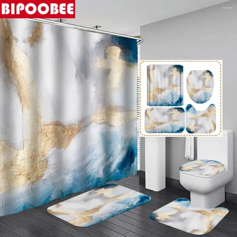 Rideaux de douche rideau en marbre Texture de pierre blanche grisâtre Couverture de toilette Tapis sans glissement de bain de bain Tissu de bains de bain avec crochets