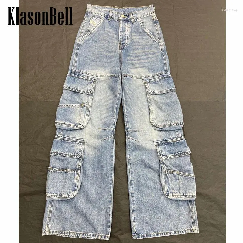 Jeans féminins 11,7 Klasonbell High Street Fashion Celebrity même denim lavé Denim Multi Pocket Cargo Straight Casual