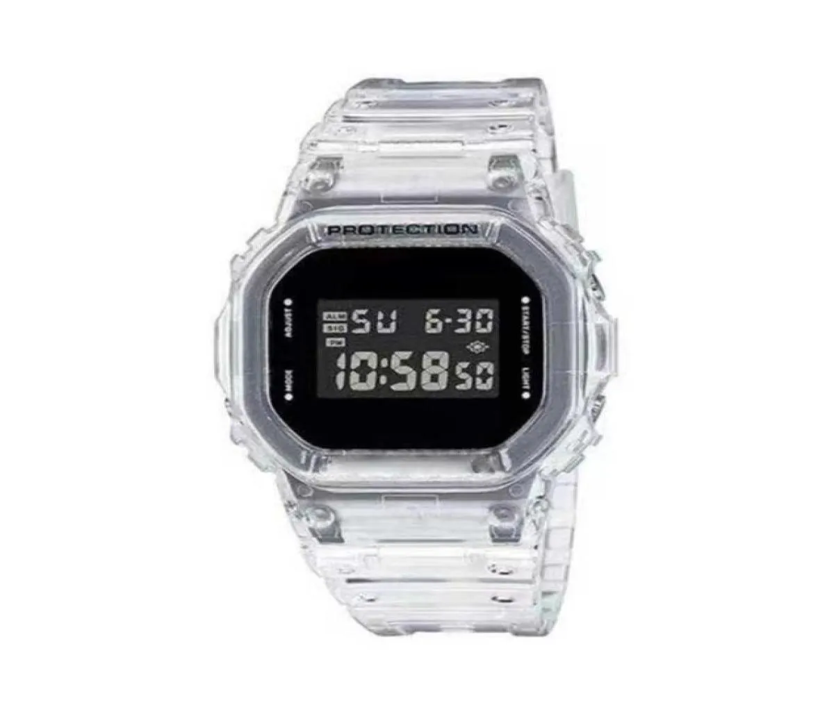 Montre-bracelets de haute qualité G5600 Transparent Watch Band Male Watch LED Electronic Digital Ice with World Time Small Square Clock9286766
