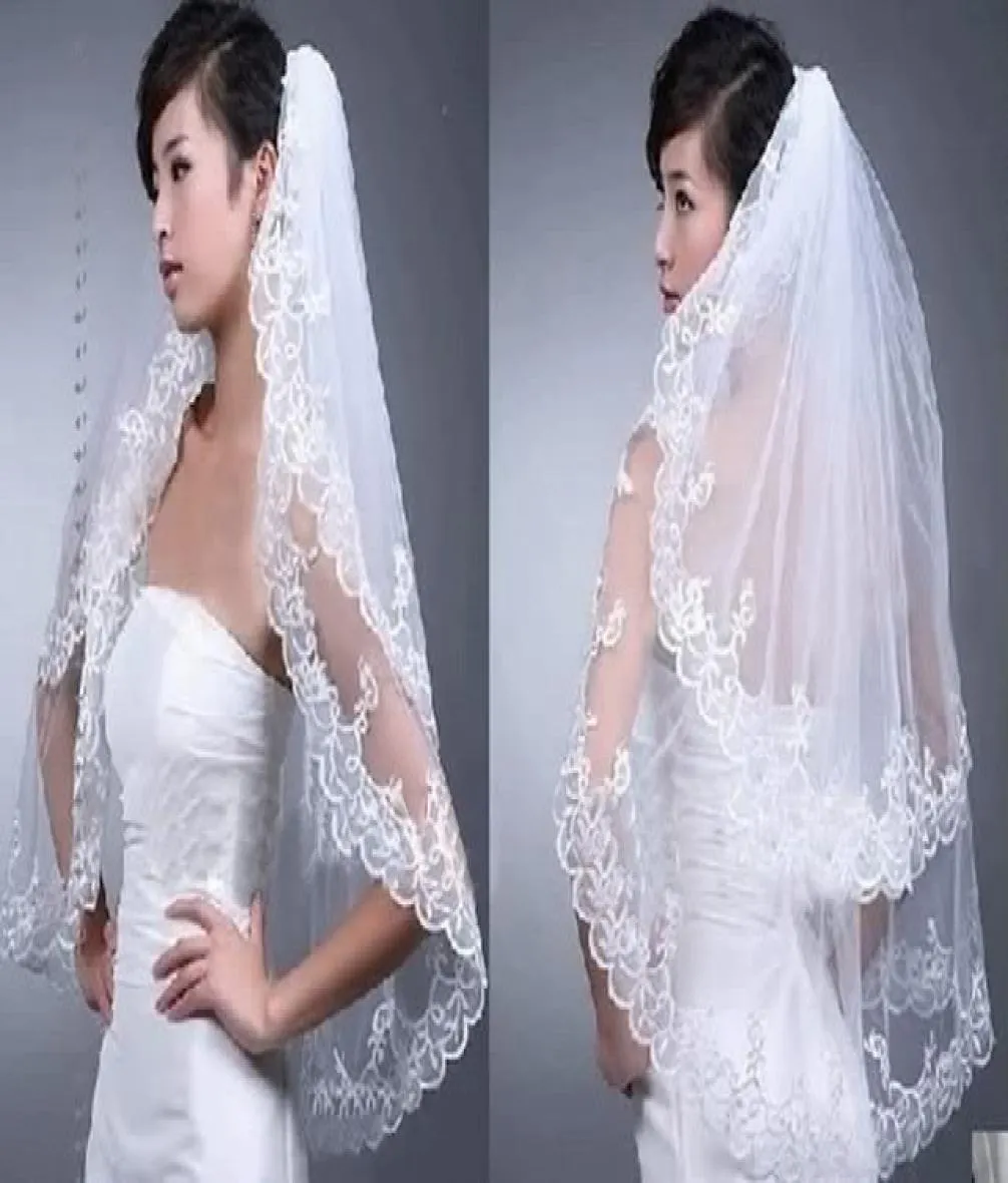 2019 New Style In Stock Elegant Two Layers Short Lace Wedding Veils Tulle White Ivory 7047084