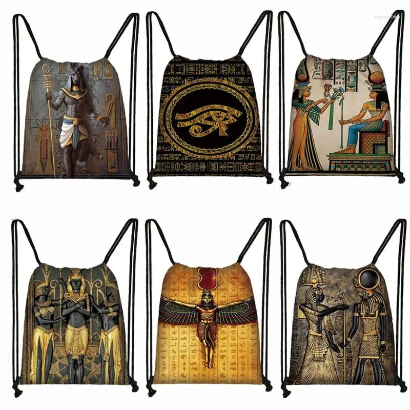 Backpack ägyptische Kunstdrucken Ägypten Pharao Anubis Kordelkordelbeutel für Reisen Frauen lässige Schulter Büchertaschen Schuhe Halter