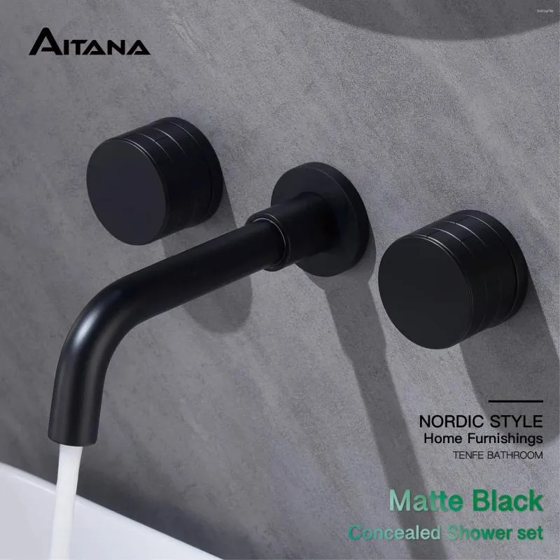 Bathroom Sink Faucets Luxury Black Brass Faucet With Wall-mounted Design 3-hole Double-handle Cold And Dual-control Basin Tap