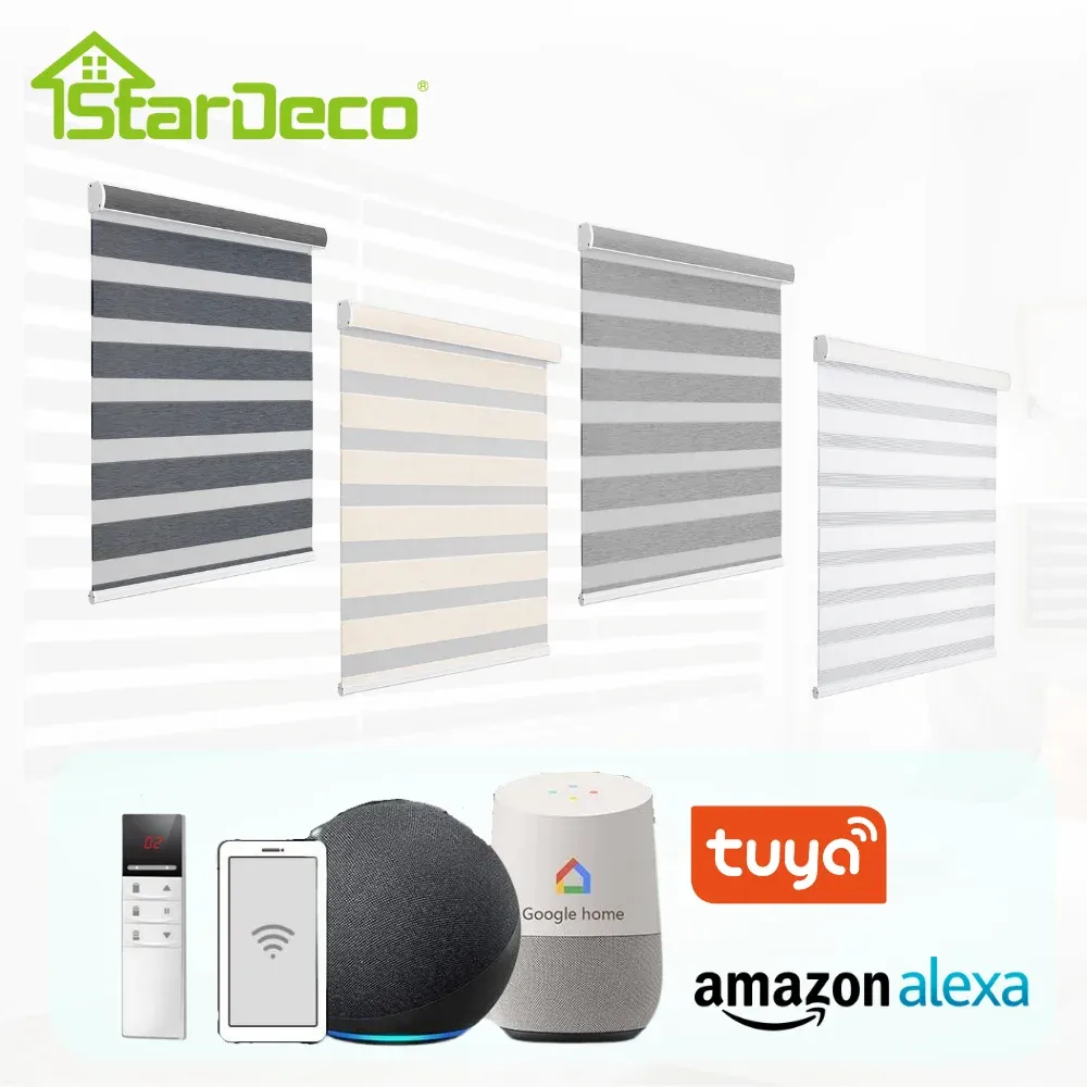 مصاريع zebra الستائر للنافذة الجاهزة صنعت النهار والليل الظل Tuya Alexa تطبيق Zebra Window Windows