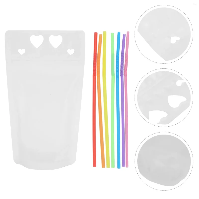 Take Out Containers 50 PCS Drink Pouches Frosted Drinking Bags Hand-held Translucent Plastic Straws Love Pattern Handheld