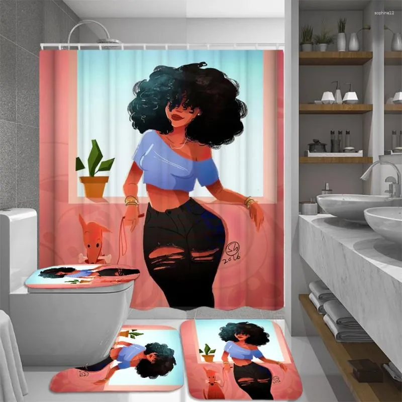 Shower Curtains African Afro American Woman Pet Dog Printed Curtain Set With Non-slip Rug Toilet Lid Cover Bath Mat Fabric Bathroom Sets