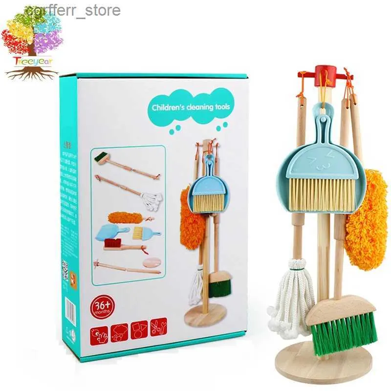 Bath Bath Toys de madeira Limpeza de brinquedos destacáveis Conjunto de limpeza infantil Toys de 6 peças - Salto pendurado Play Fools de limpeza de cozinha para crianças Presente L48