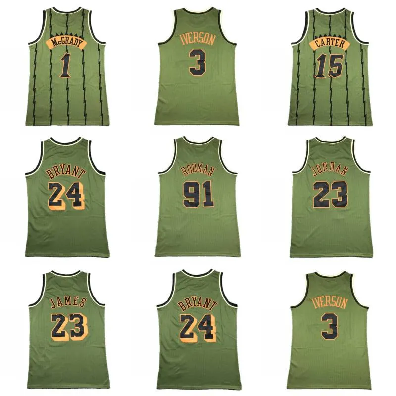 Stitched 3 Allen Iverson 91 Dennis Rodman LeBron 1 Tracy McGrady 15 Vince Carter 23 Michael Bryant Army Green Basketball Jerseys