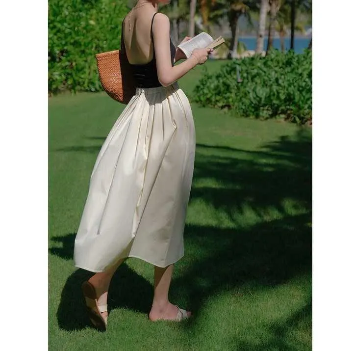 Beautiful Emperor Very Elegant Cream Beige High Waisted Pleated Fluffy French Womens Skirt Umbrella Summer