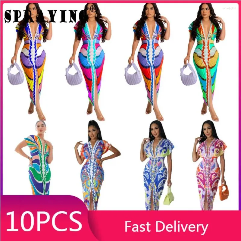 Casual Dresses 10 For Women Summer 2024 Short Sleeve Deep V-neck Printing Maxi Dress Bulk Items Wholesale Lots Sexy Y2k Clothing S13115
