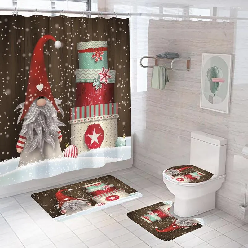 Shower Curtains Santa Claus Bath Polyester Waterproof Merry Christmas Bathroom Curtain And Rug Sets Toilet Lid Mat Home Decor