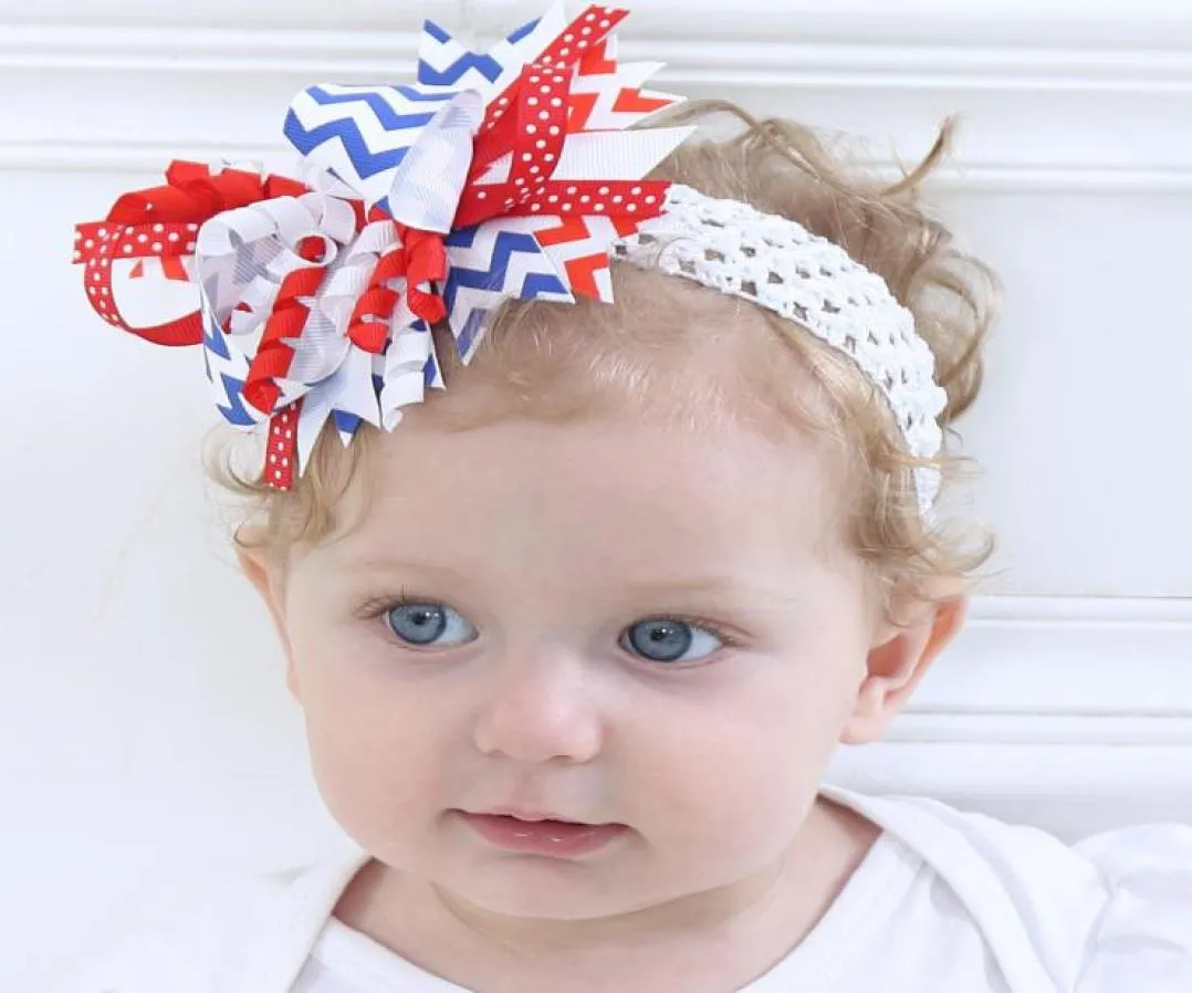 baby Girls US Independence Day Bow Headbands Kids Elastic Wide Grosgrain Ribbon Flower hairbands 4th of July Hair Accessories KHA49110104