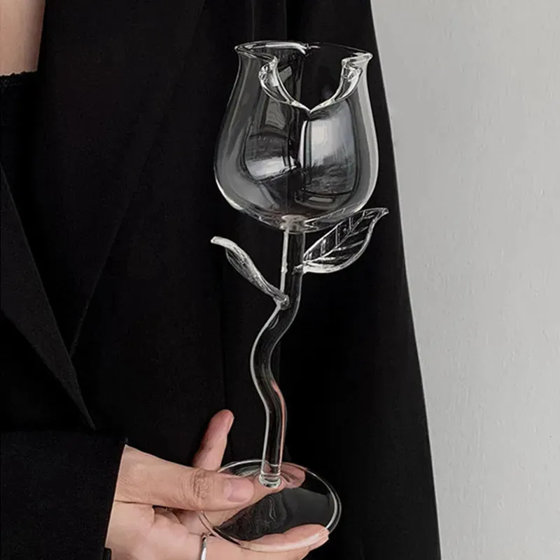 كوكتيل كوكتيل زجاج صافي شكل وردة النبيذ مع أوراق نظارات كوب زفاف الجدول هدية 240408