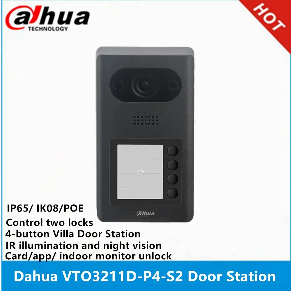 Dörrklockor Dahua Doorbell 4Button Villa Door Station VTO3211DP4S2 Twoway Audio och Voice Call genom App Standard Poe Control Two Lock