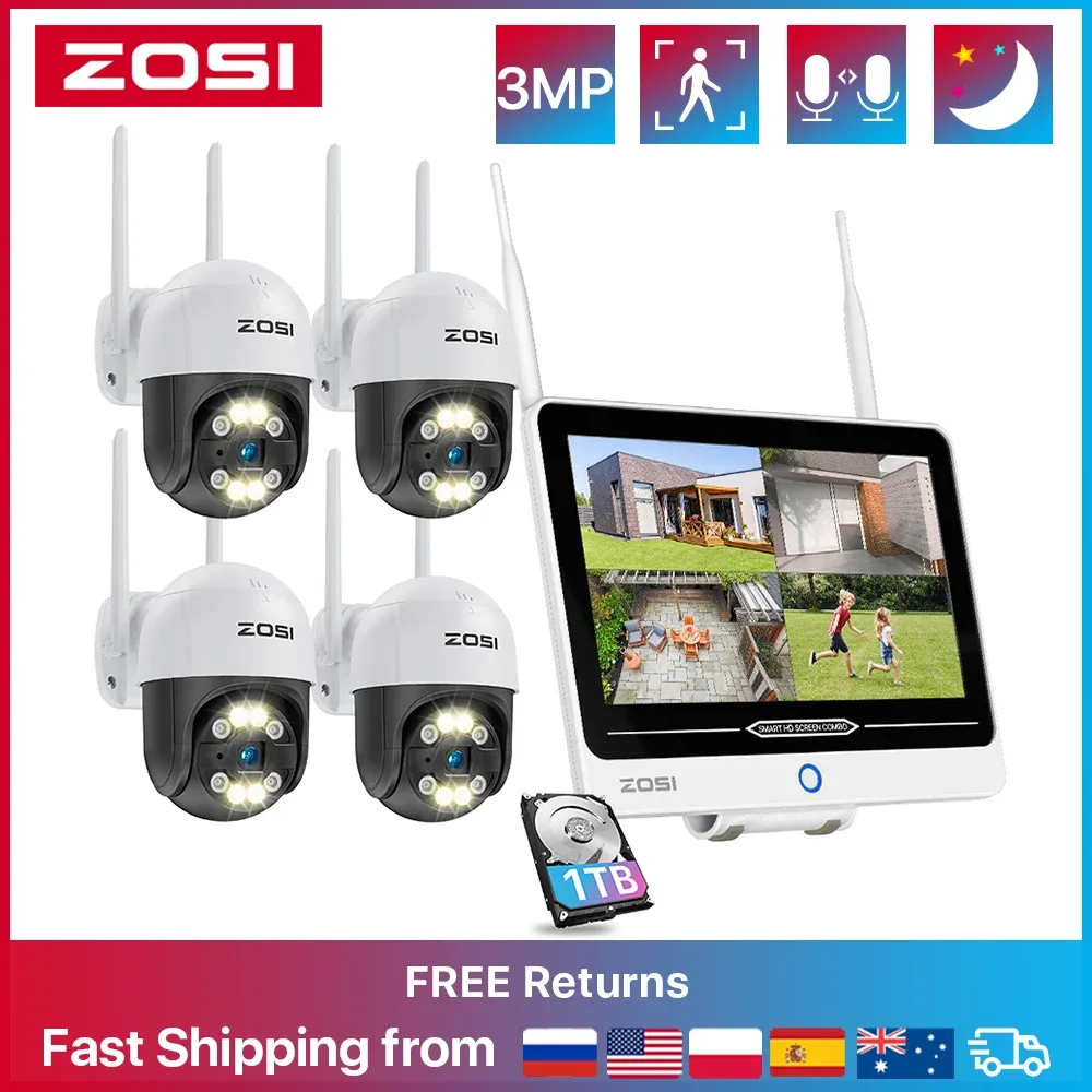 SYSTEEM ZOSI 3MP PTZ Wireless Video Surveillance System 12.5 "LCD Monitor 2way Audio 8ch WiFi IP -camera's Allinone Security Camera Kit