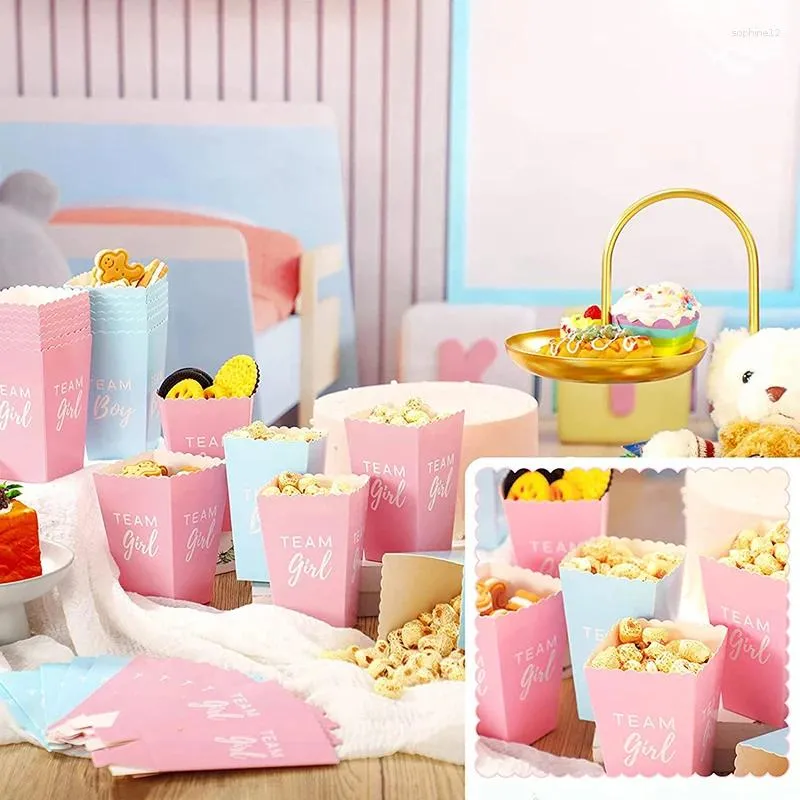 Present Wrap 10st Kön avslöja festpopcornlådor Baby's Sex avslöjar födelsedag Baby Shower Supplies Candy