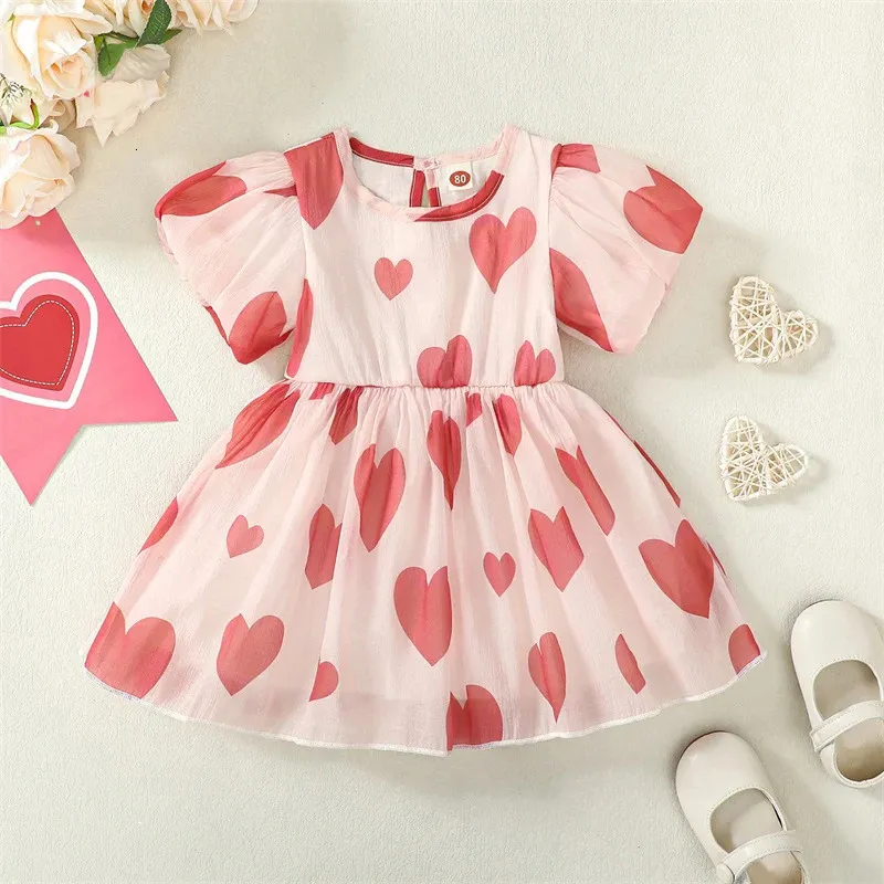 Summer Valentine S Day Toddler Girl Robe Short Puff Sleeve Heart Print Aline Spring Clothes 240403