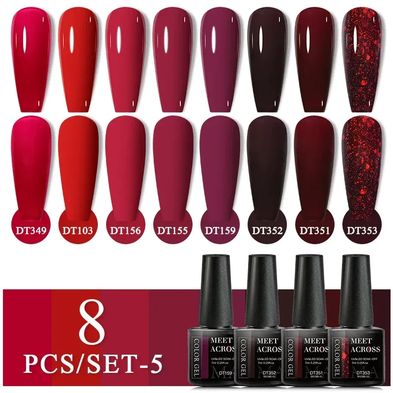 Kits MEET ACROSS 8/10/12/15pcs Red Gel Nail Polish Set Glitter Semi Permanent Soak Off UV Gel Varnishes Nails Art For Manicure Design