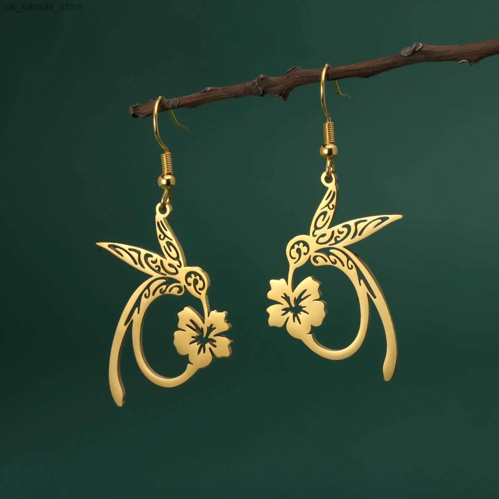 Charm Skyrim Hummingbird Flower hanger oorbellen roestvrij staal goud dames oorbellen dier sieraden kerstcadeau nieuw ingevoerd 240408