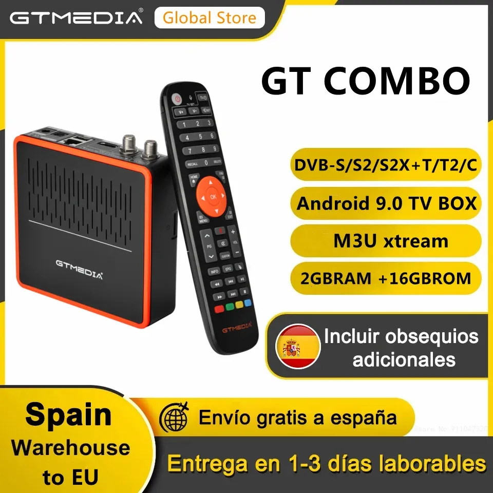 Box Gtmedia GT Combo 4K 8K Android 9.0 Smart TV Box DVBS2 T2 Cable 2G+16G Satellietontvangerondersteuning M3U CCAM Gebouwd in WiFi PK GTC