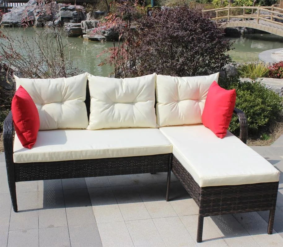 Camp Furniture Outdoor Patio Sofa Garden Conversation Set Wicker Ratten Sectional met beige zitkussens