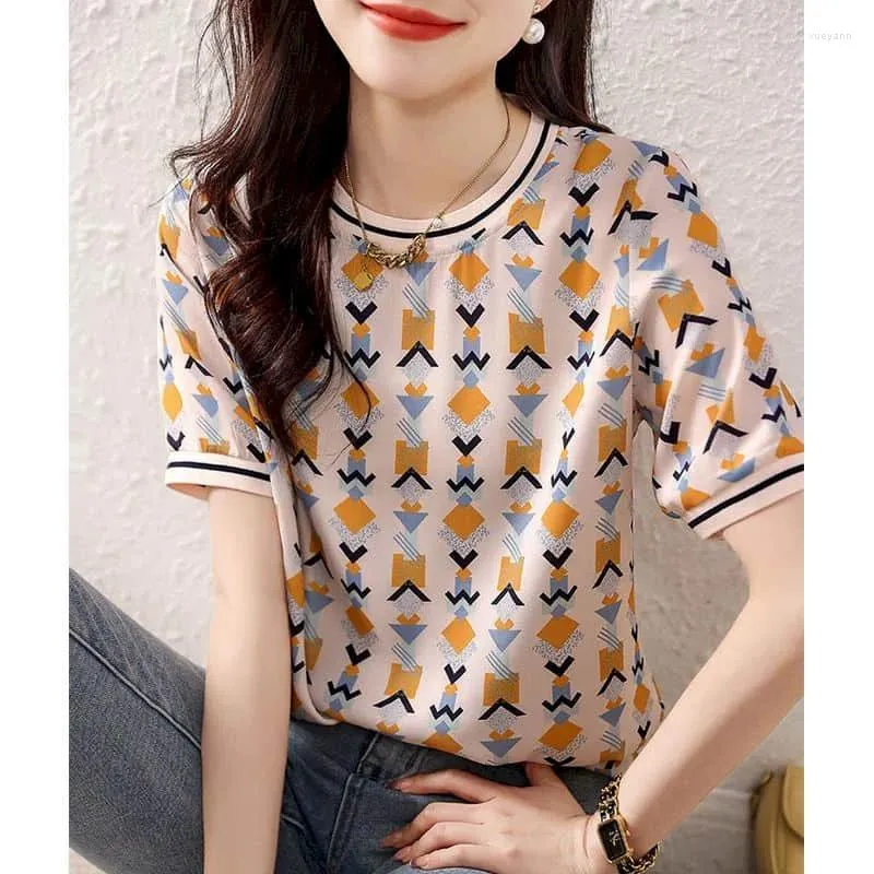 Women's Blouses Chiffon Shirts vrouwen Vintage esthetisch printen O-hals dunne t-shirts korte mouw casual losse Koreaanse mode blouse tops