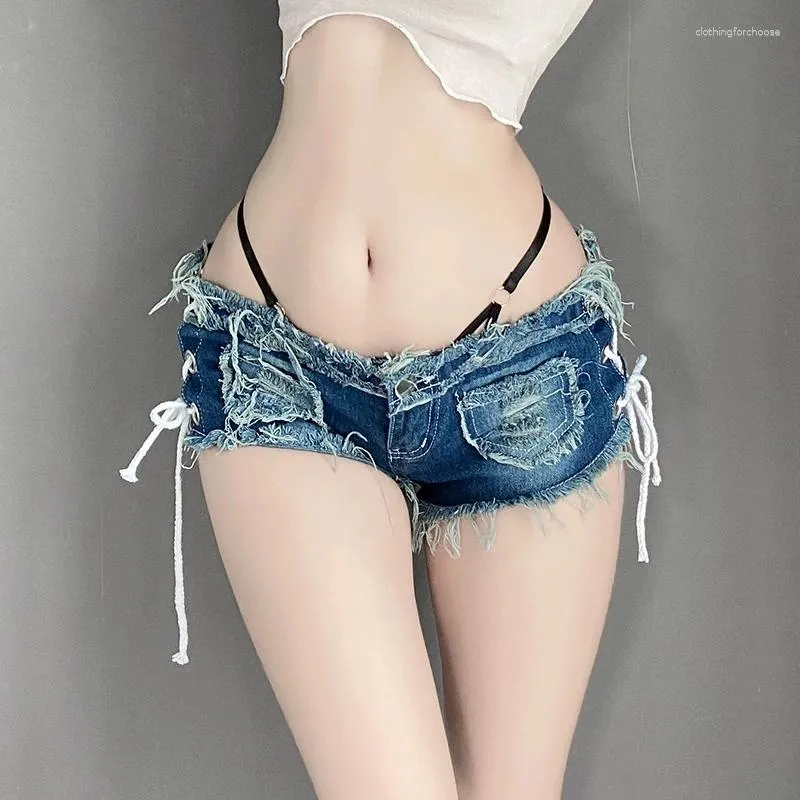 Women's Jeans 616# Sexy Low Waist Perforated Fun Strap Bar Night Club High Elastic Summer Fashion Denim Shorts