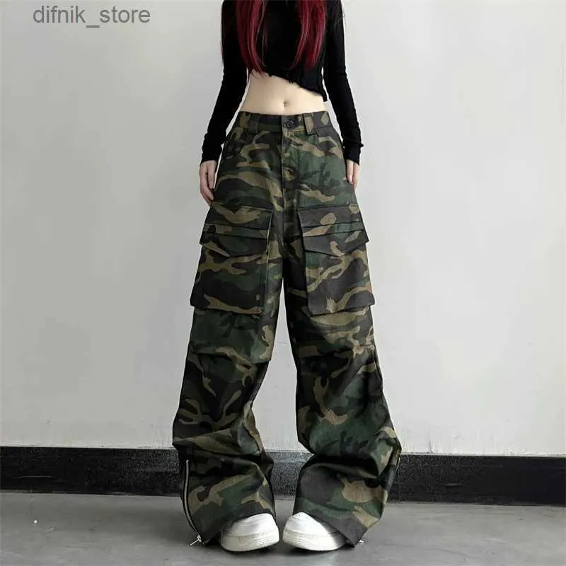 Frauen Jeans Trashy Y2K 2000er Multi -Taschen Tarnung Baggy Cargo Jeanshose für Frauen Kleidung Straight Lady Long Hosen Pantn Femme Y240408