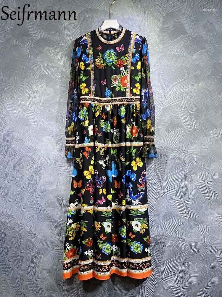Lässige Kleider Seifrmann Hochwertige Sommer Frauen Mode Designer Feiertagskleid Flare Sleeve Multicolor Ditsy Printed Crystal Long
