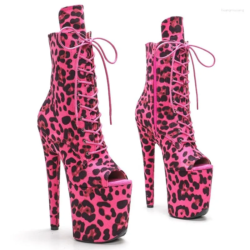 Chaussures de danse Leecabe 20cm / 8inches Leopard Upper Pole Dancing High Heel Platform Boots Open Toe