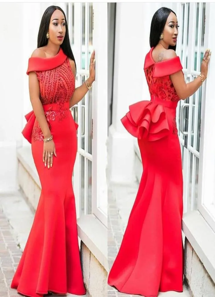 Çekici Kırmızı Denizkızı Boncuklu Prom Elbiseler Beau Boyun Peplum Peplum Akşam Elbise Saten Zemin Uzunluğu Aplike Edilmiş Resmi Elbiseler9463880