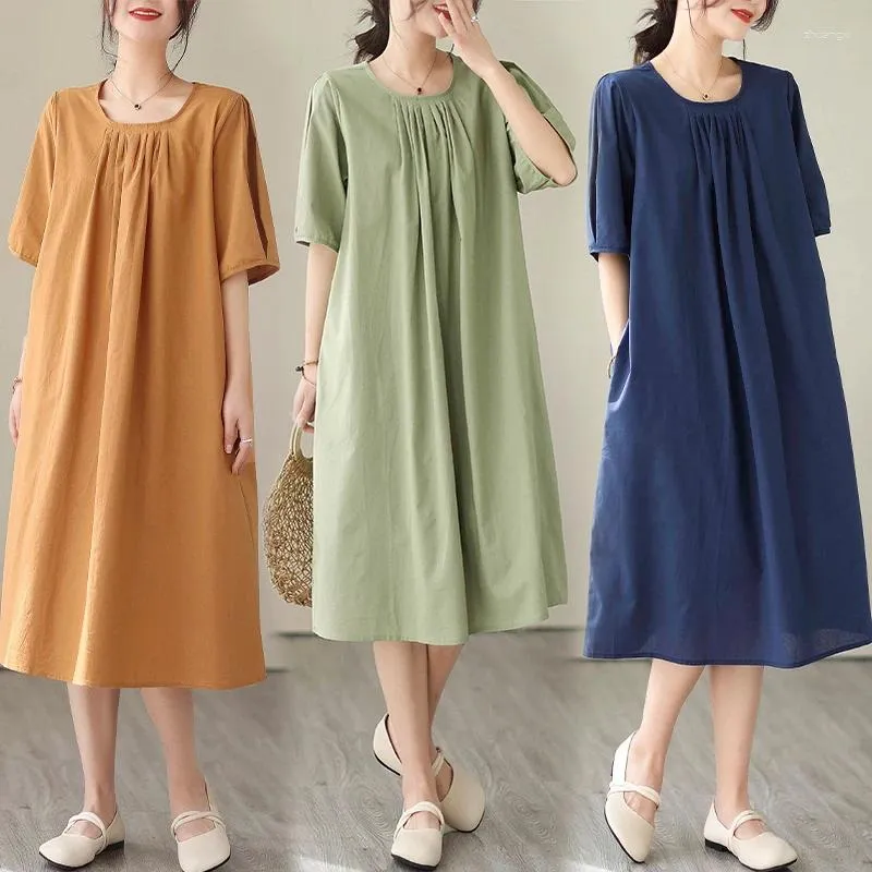 Summer Dresses 2024 Short Sleeve Cotton Blend Casual Pleated Work Dress for Women