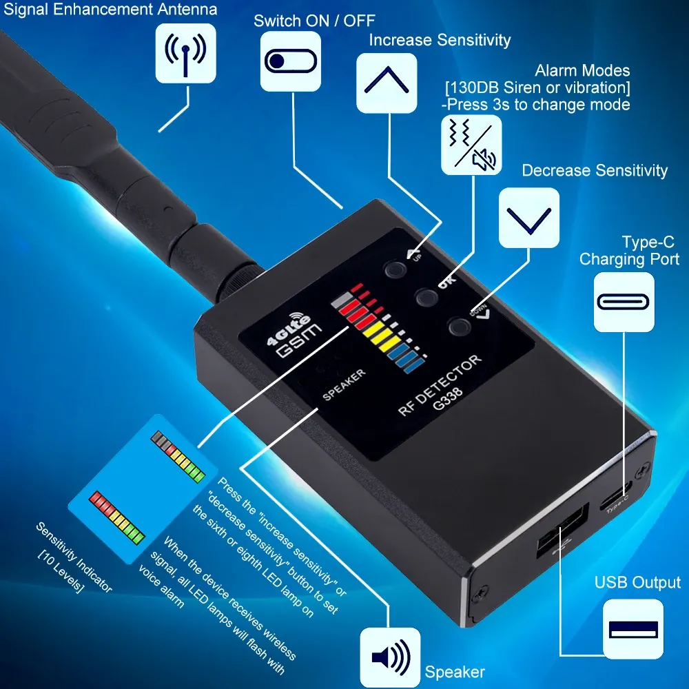 Detektor G338 Handhållen Anti Detector Bug Mini Antispy GPS Wireless Signal Automatisk detektor RF Locator Tracker Detect Wireless Camera